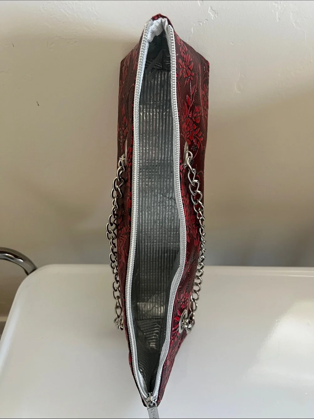 Iceware Red Floral Embossed Chain-Handle Clutch.